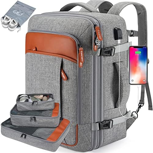 Lumesner Carry on Travel Backpacks, Extra Large 40L Flight Approved Bag for Men & Women,Expandable Suitcase Backpack With 4 Packing Cubes,Water Resistant Luggage Daypack Business Weekender Bag, Grey