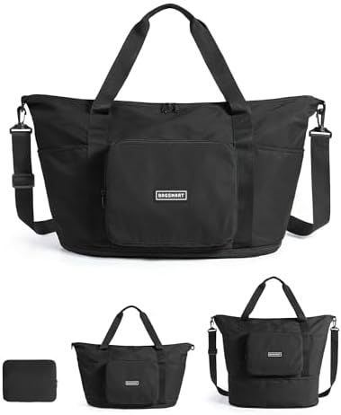 BAGSMART Foldable Travel Bag, 37L Expendable Personal Item Bag, Lightweight Weekender Bags for Women, Water Resistant Extra Carry on for Travel, Black