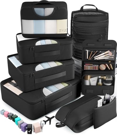 Veken 10 Set/8 Set Packing Cubes for Travel Essentials, Suitcase Organizer Bags in 4 Sizes, Carry-On Luggage Accessories with Laundry Bag & Passport Holder, Airplane Must Have, Camp Gifts for Men